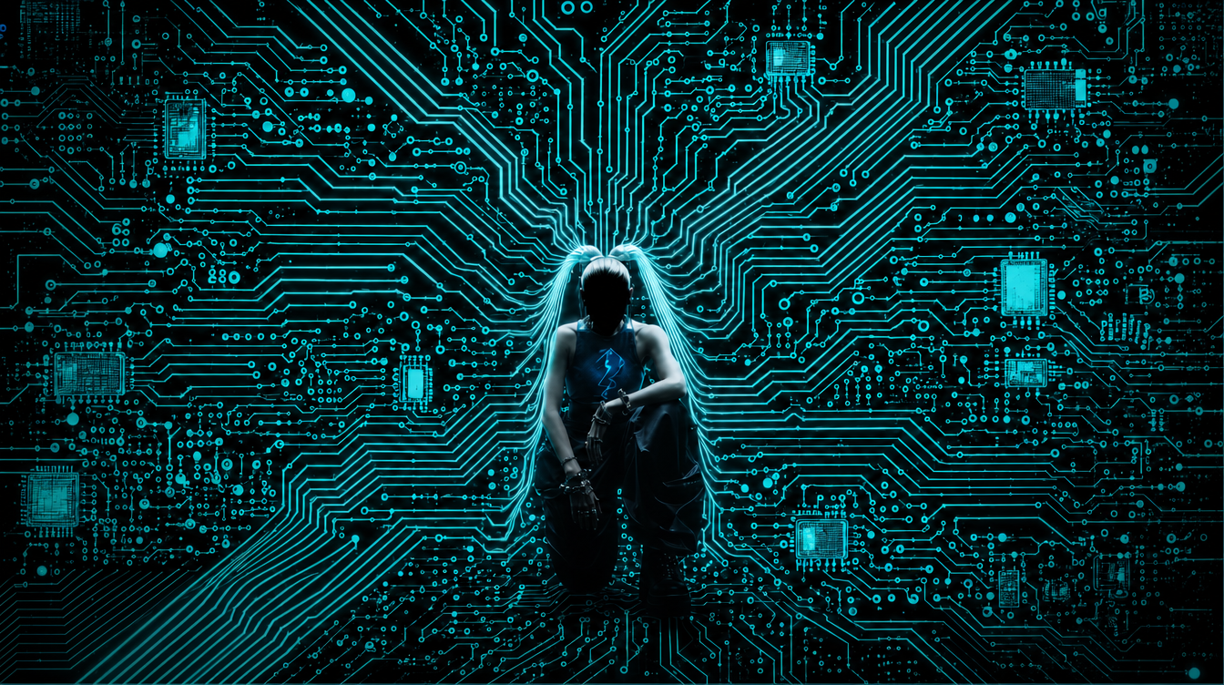 Sorana seated against a dense illuminated circuit board.